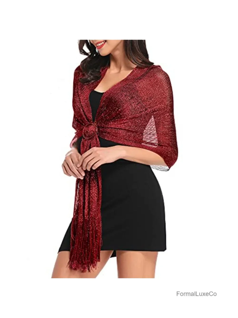 Metallic Fringe Shawl Wrap for Wedding Formal Evening Party with Buckle